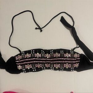 Victoria's Secret Black Swim Top BOHO Medium Sequence Embroidered Padding